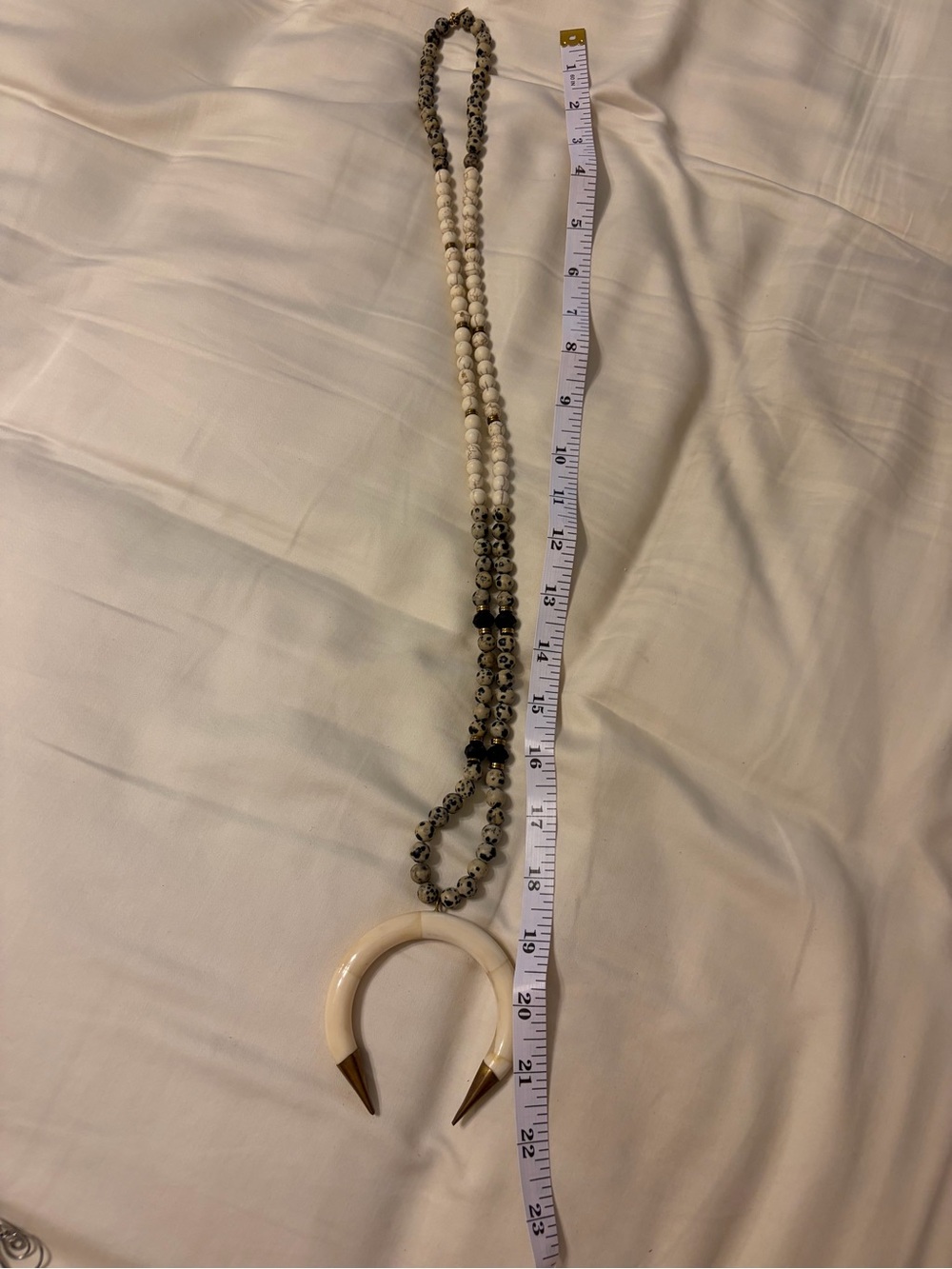 Natural Beaded Horn Pendant Necklace in Cream and Black EUC
